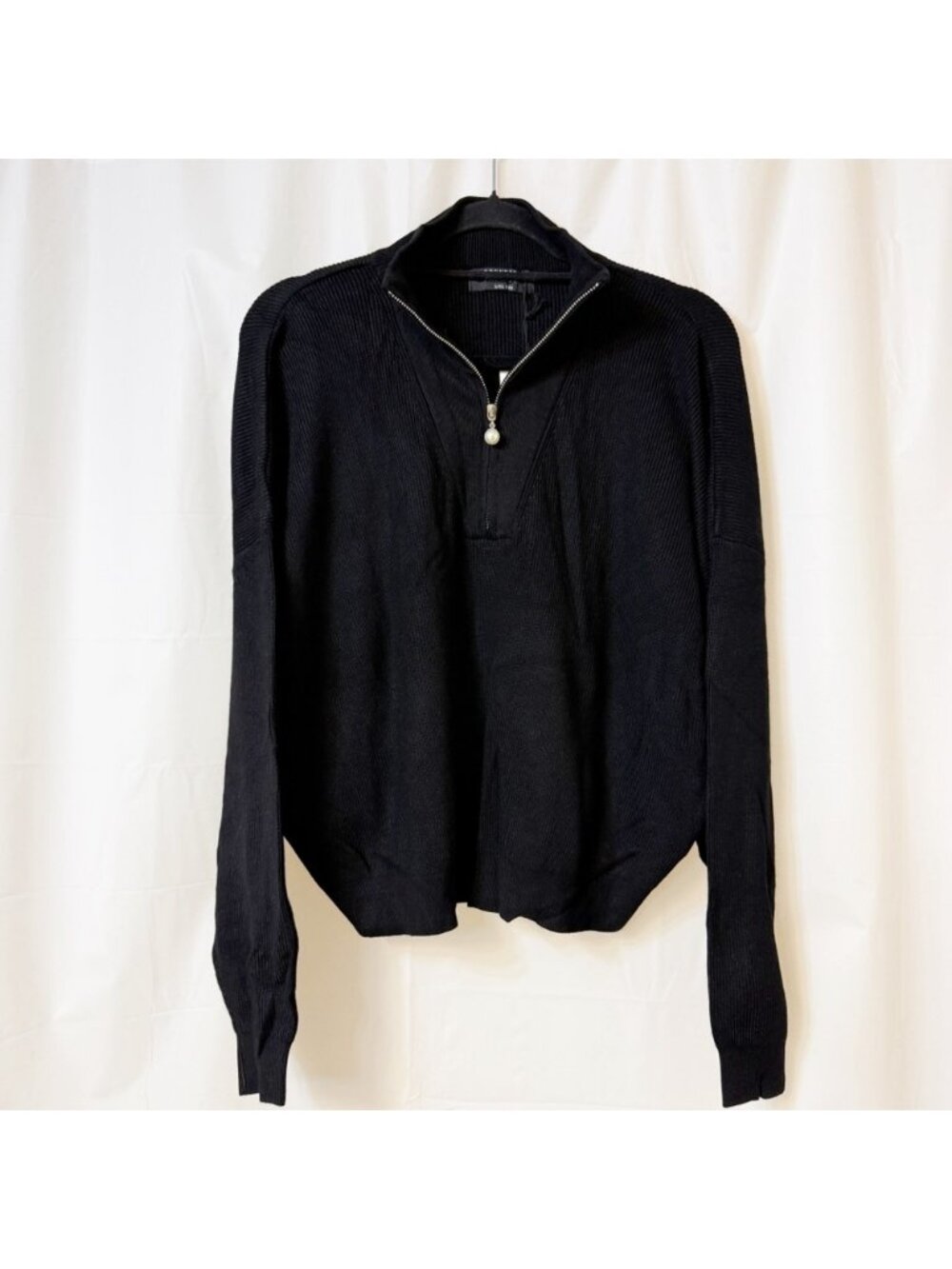 Brunette The Label Half-Zip Ribbed Knit Popover Sweater Black L/XL NWT